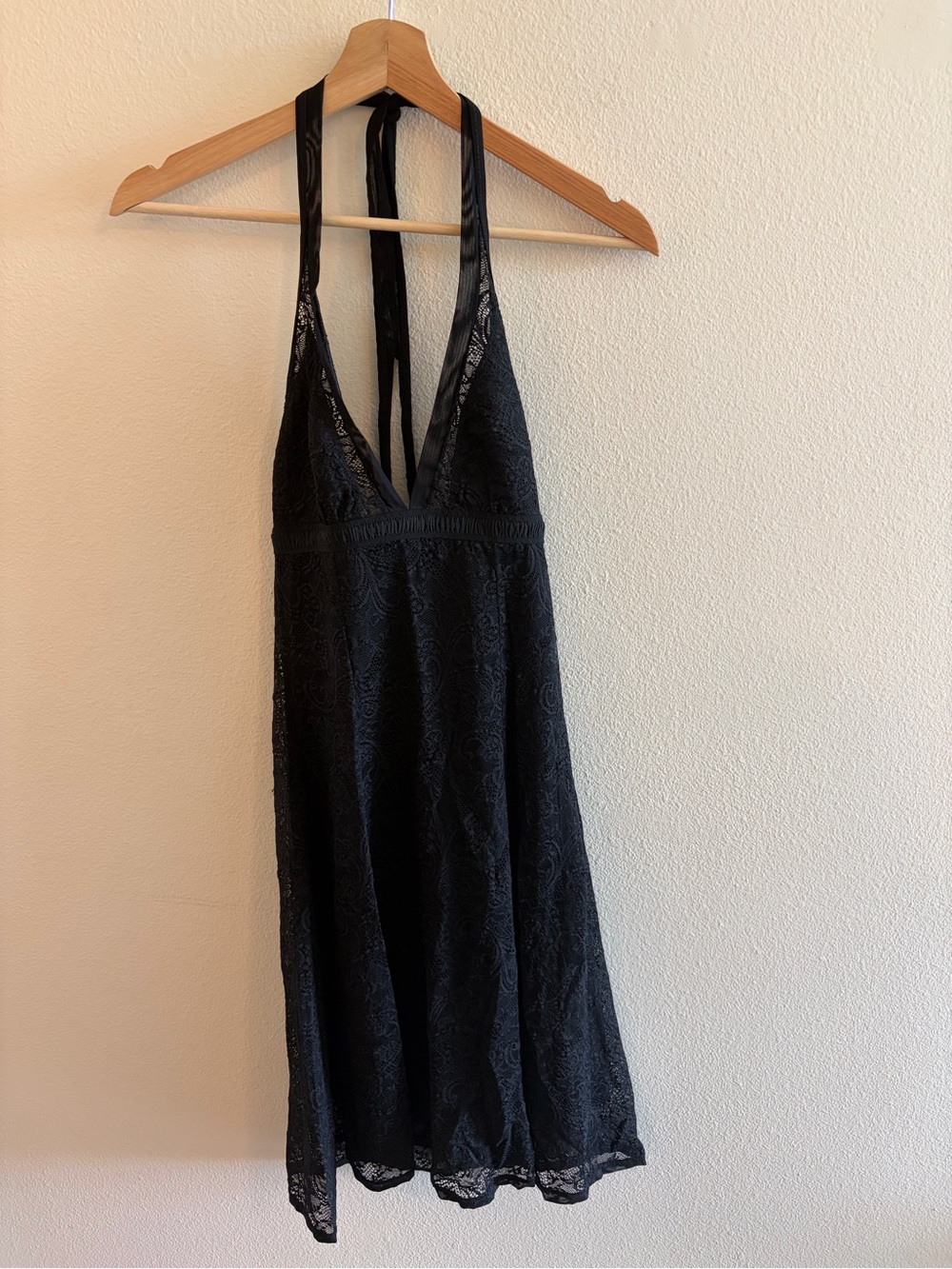SHAN Black Lace Halter Dress with Satin Trim